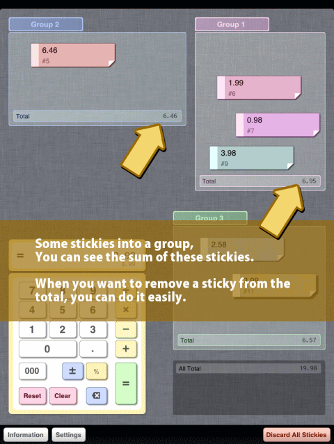 Some stickies into a group, You can see the sum of these stickies. When you want to remove a sticky from the total, you can do it easily.