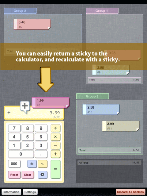 You can easily return a sticky to the calculator, and recalculate with a sticky.